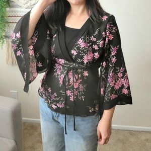 Kimono style floral print wrap top BOHO rare
